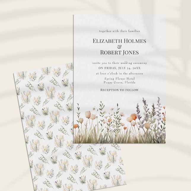 Peach Watercolor Wildflower Wedding Invitation (Peach Watercolor Wildflower Wedding Invitation on a sunny white table.)