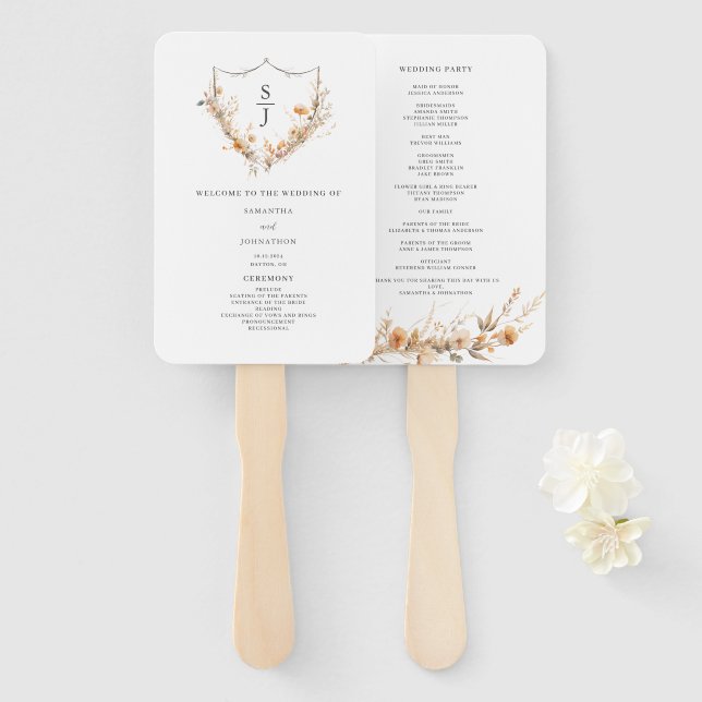 Peach Watercolor Wildflower Wedding Program  Hand Fan (Front and Back)
