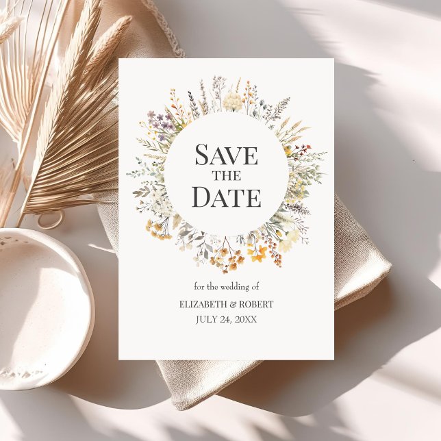 Peach Watercolor Wildflowers Save The Date  Invitation (Peach Watercolor Wildflowers Save The Date Invitation on a table with neutral boho decoration.)