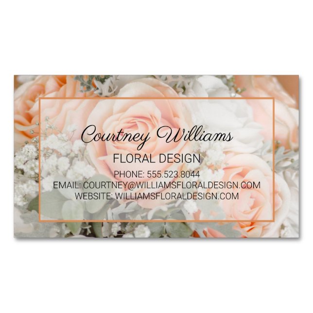 Peach Wedding Bouquet Floral Design Magnetic Business Card (Front)