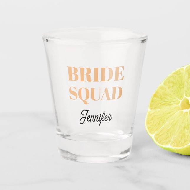 Peach Wedding Bride Squad Personalized Shot Glass (Front)