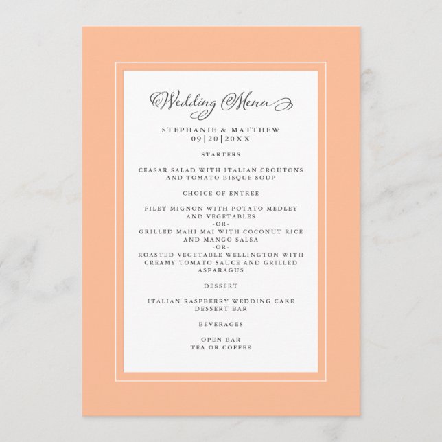 Peach Wedding Calligraphy Elegant Guest Dinner Menu (Front)
