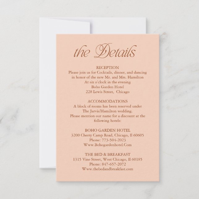 Peach Wedding Details Information Insert Card (Front)