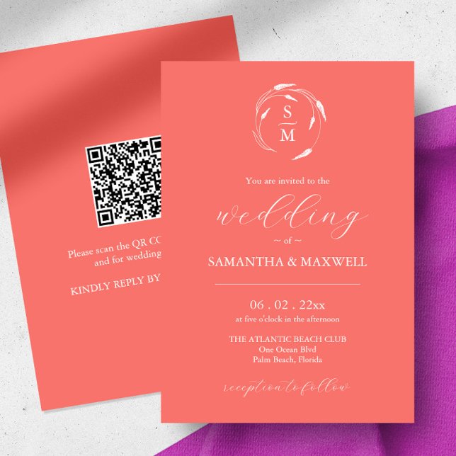 Peach Wedding Invitation with QR Code (wedding invitation peach QR code monogram line art by Victoria Grigaliunas of Do Tell A Belle)
