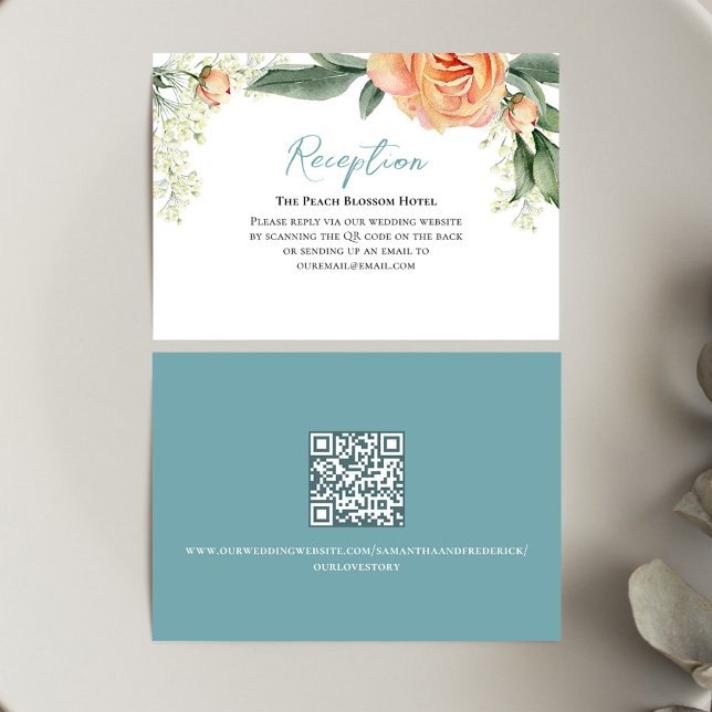Peach Wedding Reception Floral QR Code  Enclosure Card (Wedding reception card with watercolor peach floral design.)