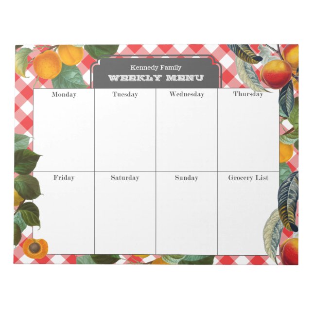 Peach Weekly Menu Meal Planner Gingham Notepad (Front)