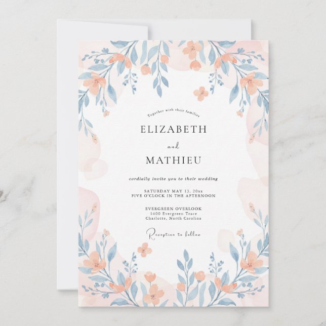 Peach Whimsical Wildflower Wedding Invitation (Front)