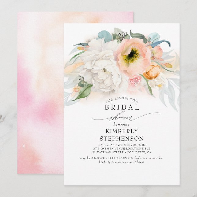 Peach White and Pink Floral Bohemian Bridal Shower Invitation (Front/Back)