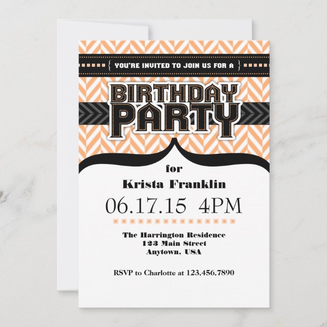 Peach White Black Herringbone Birthday Invite (Front)