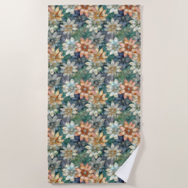 Peach White Blue Green Floral Beach Towel (Front)