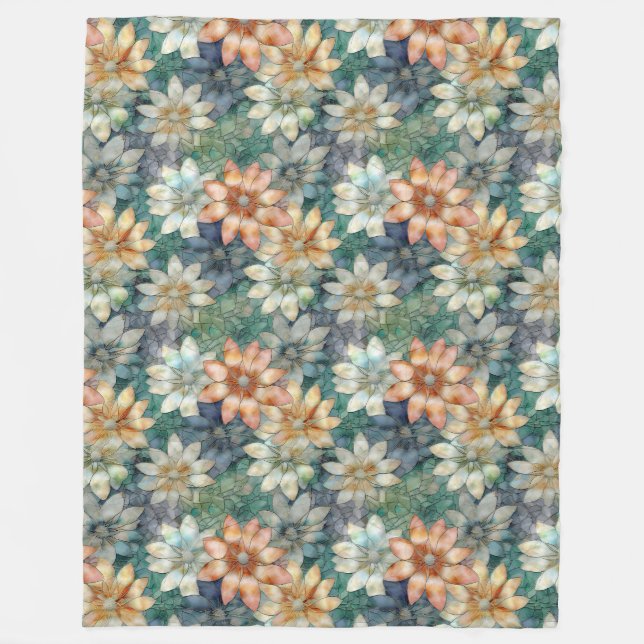 Peach White Blue Green Floral Fleece Blanket (Front)
