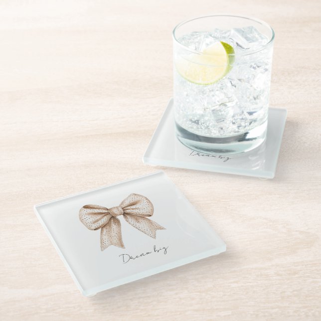Peach White Bow Glass Coaster (Angled)