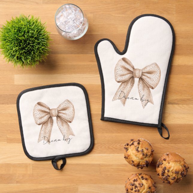 Peach White Bow Oven Mitt & Pot Holder Set (Top Down)