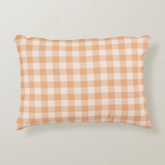 Peach White Chequered Gingham Pattern Decorative Cushion (Front)