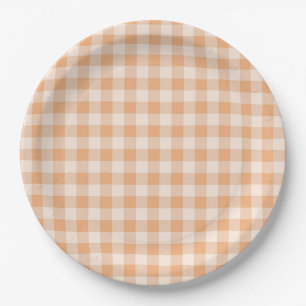 Peach White Chequered Gingham Pattern Paper Plate
