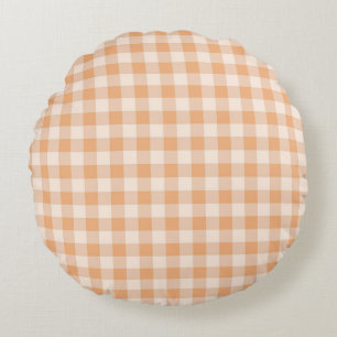 Peach White Chequered Gingham Pattern Round Cushion