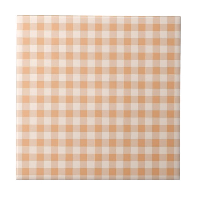 Peach White Chequered Gingham Pattern Tile (Front)