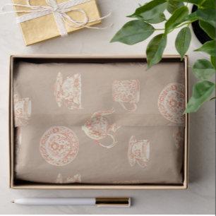  Peach White Chinoiserie Teapots Cups Plates  Tissue Paper
