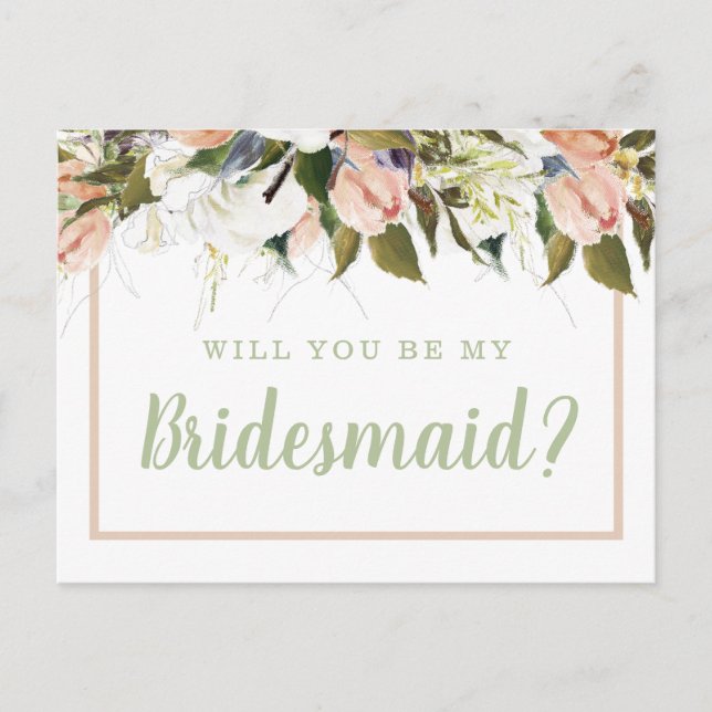 Peach White Country Floral Bridesmaid Proposal Postcard (Front)