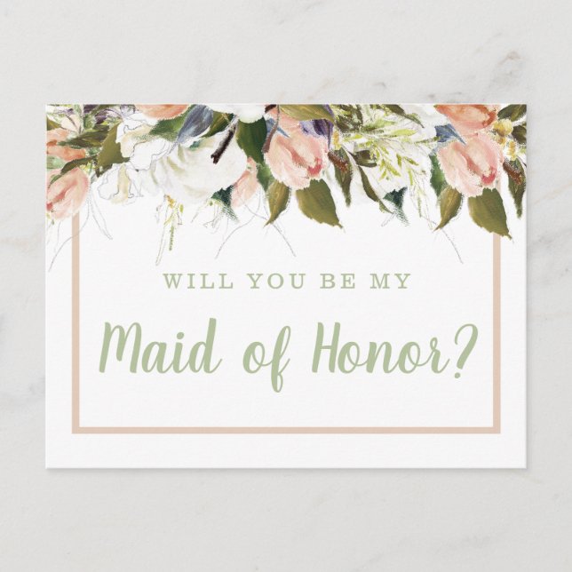 Peach White Country Floral Maid of Honour Proposal Postcard (Front)