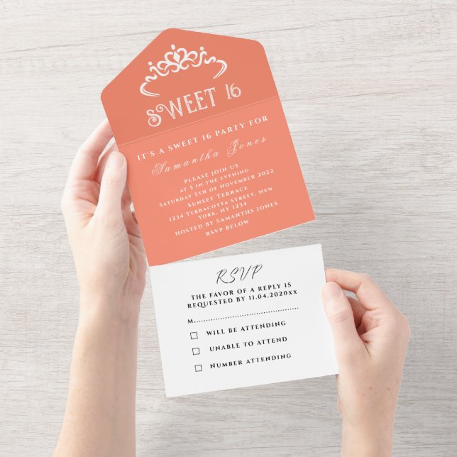 Peach White Cute Sweet 16 Tiara Sixteen Modern  All In One Invitation (Tearaway)
