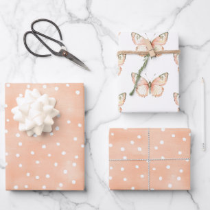 Peach White Dots Butterflies Birthday Wrapping Paper Sheet