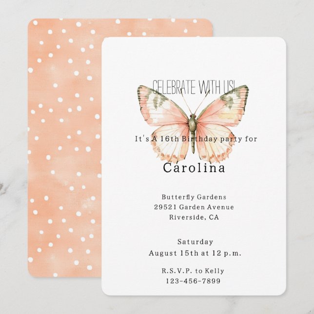 Peach White Dots Butterfly Birthday Invitation (Front/Back)