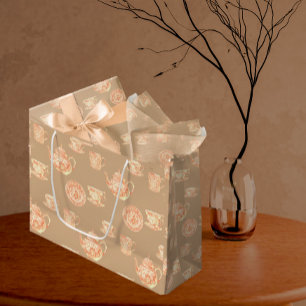  Peach White Ecru Chinoiserie Teapots Cups Large Gift Bag