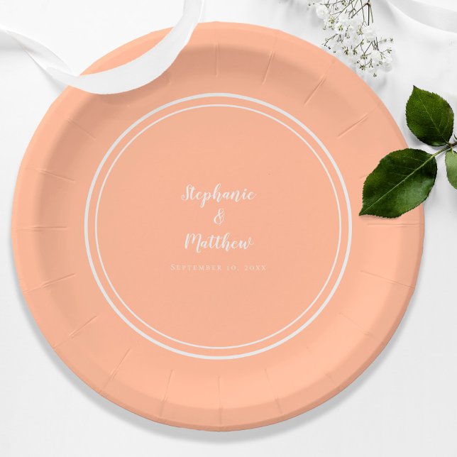 Peach White Elegant Modern Wedding  Paper Plate (Peach White Modern Custom Bride & Groom Wedding Paper Plates)