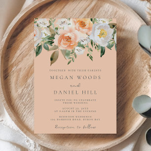 Peach & White Floral Botanical Spring Wedding Invitation
