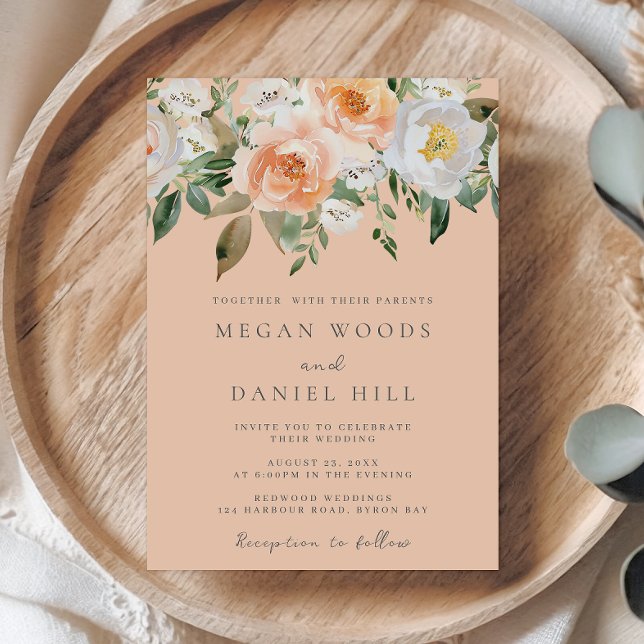 Peach & White Floral Botanical Spring Wedding Invitation (Creator Uploaded)