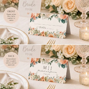 Peach White Floral Eucalyptus Monogram Wedding Place Card
