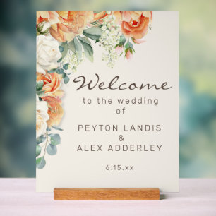 Peach White Floral Eucalyptus Wedding Welcome Acrylic Sign