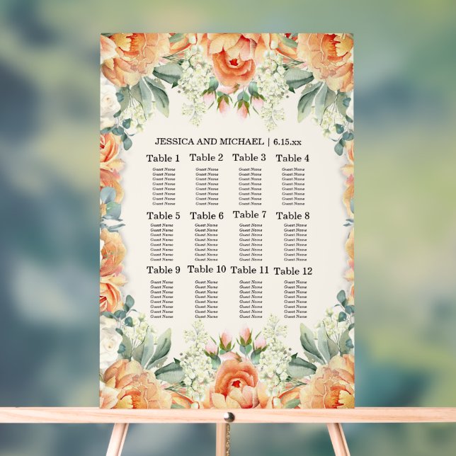 Peach White Floral Greenery Wedding Seating Chart (Neutral)