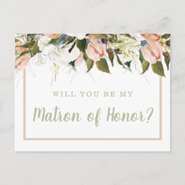 Peach & White Floral Matron of Honour Proposal Postcard (Front)