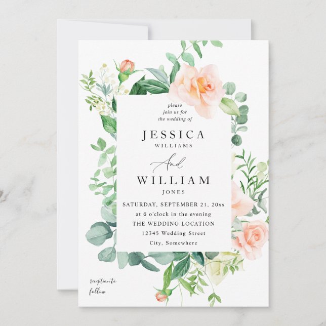 Peach & White Floral Wedding 2b Invitation (Front)