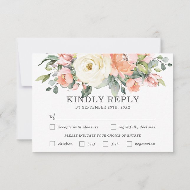 Peach White Floral Wedding Meal Choice RSVP Card (Front)