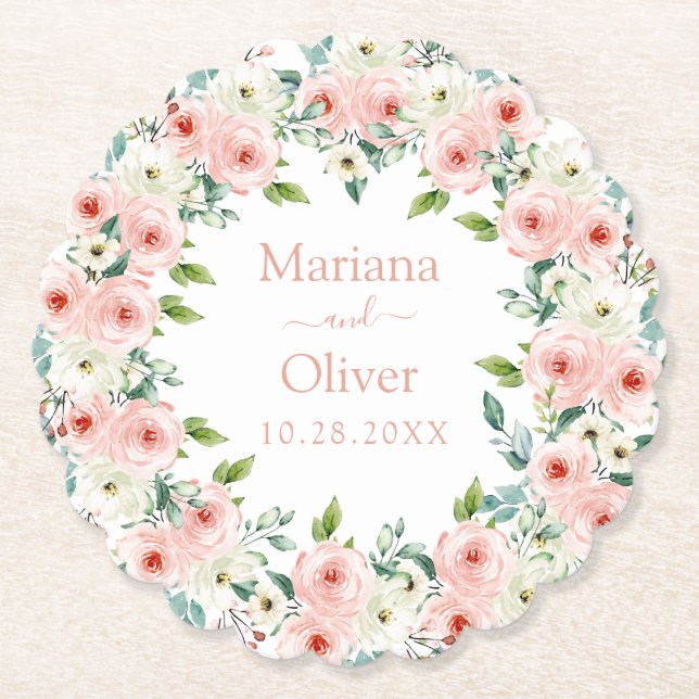 Peach White Floral Wedding Paper Coaster (Front)