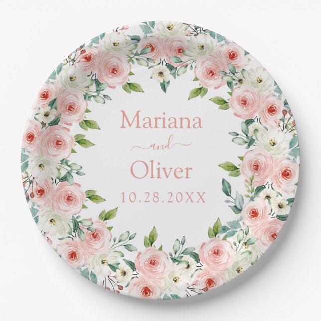 Peach White Floral Wedding Paper Plate (Front)