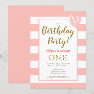 Peach White Gold Glitter 1st Birthday Party Invitation