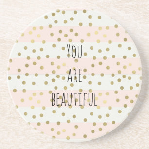 Peach White Gold Stripes Confetti Beautiful Coaster