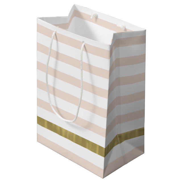 Peach White Gold Stripes Medium Gift Bag (Front Angled)