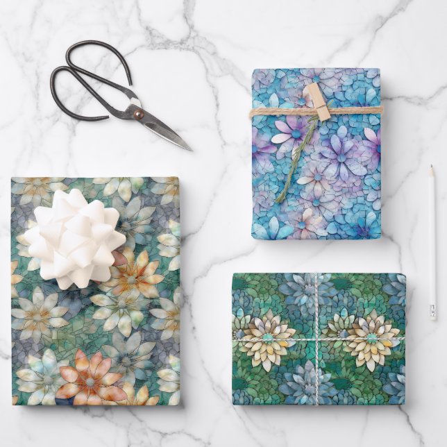 Peach White Green Floral Wrapping Paper Sheet (Front)