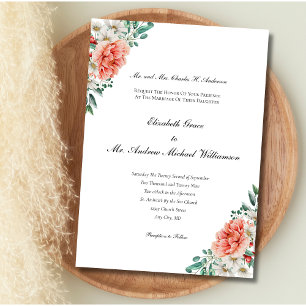 Peach White Greenery Floral Elegant Formal Wedding Invitation