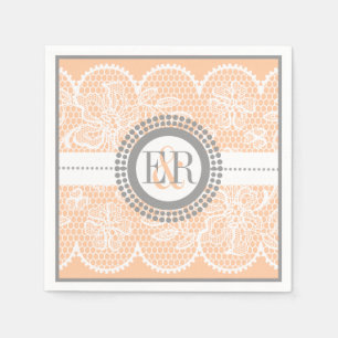 Peach, white lace pattern wedding napkin