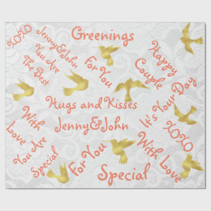 Peach White Lace Wedding Golden Birds Wrapping Paper