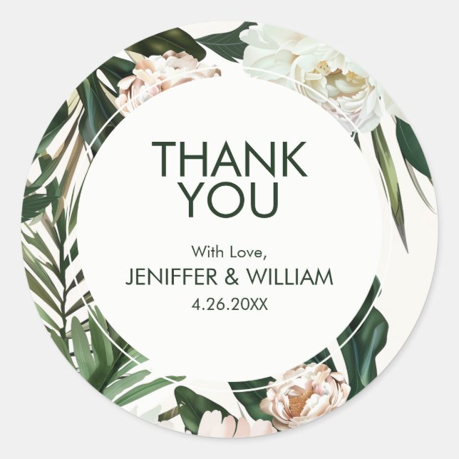 Peach White Peonies & Green Leaves Floral Wedding Classic Round Sticker (Front)