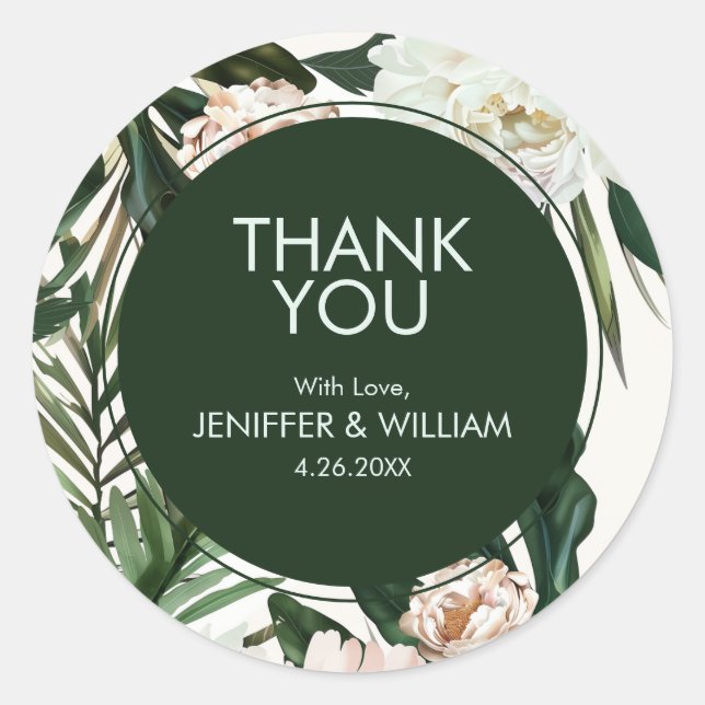 Peach White Peonies & Green Leaves Floral Wedding Classic Round Sticker (Front)