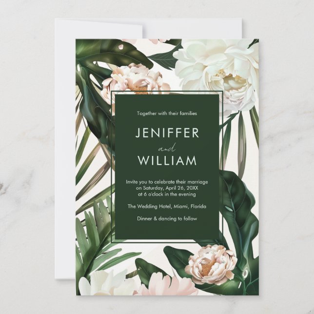Peach White Peonies & Green Leaves Floral Wedding Invitation (Front)