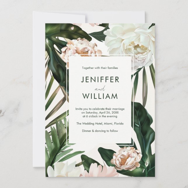 Peach White Peonies & Green Leaves Floral Wedding Invitation (Front)